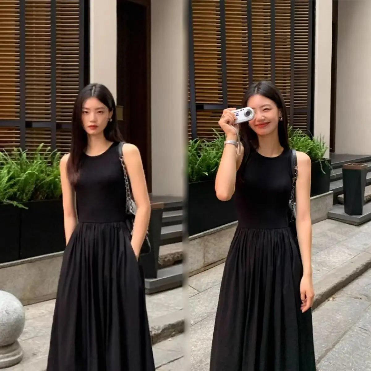 Vestido midi negro con bolsillos