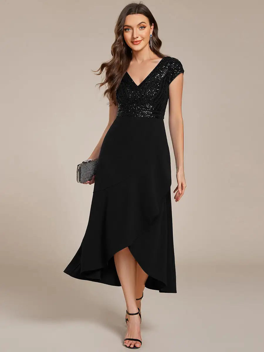 Vestido con Lentejuelas y Escote en V
